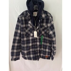 Cloudveil Mountainworks Flannel Shirt Jacket Hooded‎ L Mens Navy Plaid